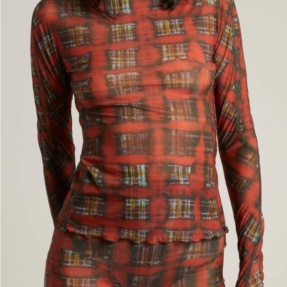 KNWLS HALCYON TOP ACID PLAID GINGER RED CHECK PRINTED JERSEY Small - Picture 1 of 5